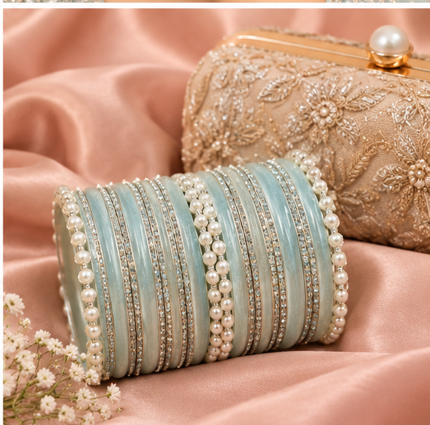 Pastel Aqua Blue Pearl & Stone-Detail Bangles Set