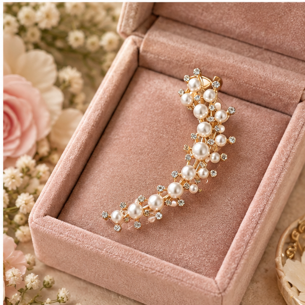 Gold-Tone Pearl and Crystal Ear Cuff