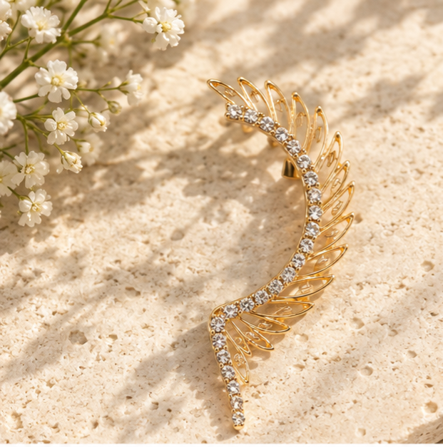 Gold-Tone Rhinestone Feather Ear Cuff for Women