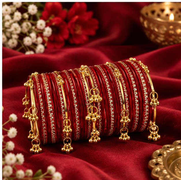 Red & Gold Crystal-Detail Bangles with Dangle Charms