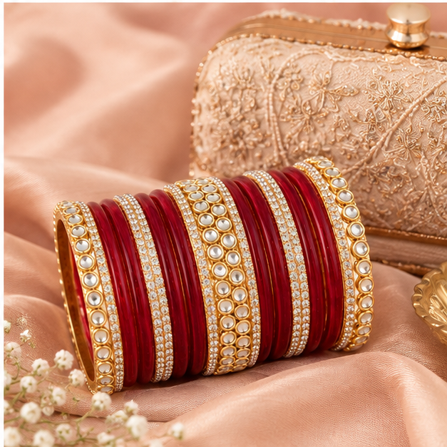 Red & Gold Stone-Studded Bridal Bangles
